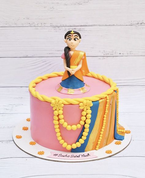 Saree Cake Design, Saree Theme Cake, Cake For Mehendi Function, Bollywood Theme Cake Ideas, Gaye Holud Cake Design, Half Saree Function, Bridal Shower Cake, Half Saree, Shower Cakes