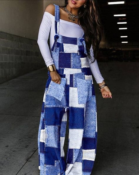 When in doubt, wear a jumpsuit. It solves 99% of the fashion problems.💯 #romper #bluetomper #colorblockromper Loose Jumpsuit, Black Overalls, Plus Size Jumpsuit, Pant Length, Printed Jumpsuit, Blue White And Black, Fashion Seasons, Fashion Pattern, Casual Streetwear