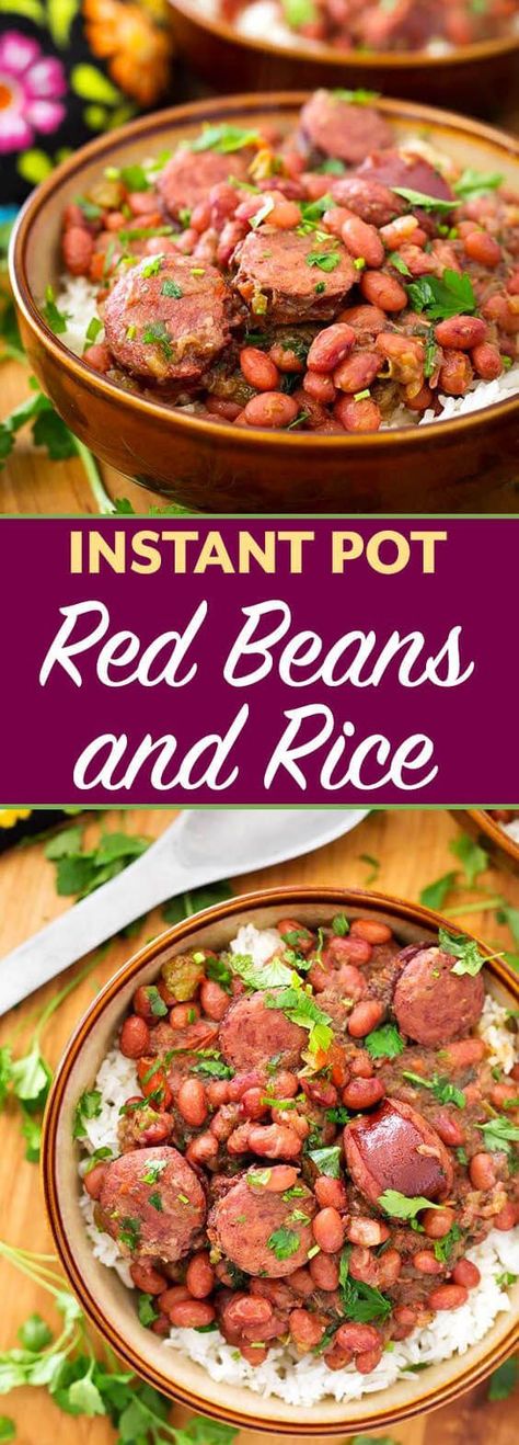 Instant Pot Red Beans and Rice With Sausage is a flavor packed, spicy New Orleans traditional meal. This pressure cooker Red Beans and Rice dish has lots of flavor, and you can make it from dry beans in just over an hour! simplyhappyfoodie.com #instantpotrecipes #instantpotredbeansandrice #pressurecookerrecipes #pressurecookerredbeansandrice Rice With Sausage, Pot Beans, Fantastic Recipes, Cooking Dried Beans, Electric Pressure Cooker Recipes, Red Beans And Rice, Sausage Recipe, Dry Beans, Beans And Rice