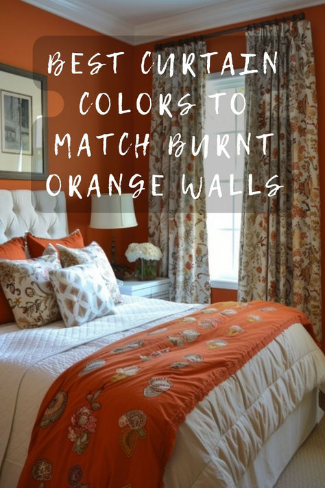 Wondering What Color Curtains Complement Burnt Orange Walls? Click To Explore Top Choices That Enhance Your Room's Warmth! 🌟🏡 #HomeDecor #BurntOrangeWalls #CurtainColors #InteriorDesign #WarmInteriors Orange Wall Curtain Ideas, What Color Curtains Go With Orange Walls, Burnt Orange Bedroom Color Schemes, Burnt Orange Bedroom Walls, Burnt Orange Walls, Orange Bedroom Walls, Orange Painted Walls, Burnt Orange Paint, Burnt Orange Bedroom