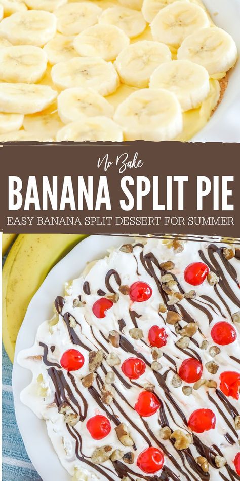 No Bake Banana Split Pie Recipe! Easy No Bake Pie with Banana Pudding Bananas, Whipped Topping Fudge, Walnuts, and Cherries! This No Bake Pie is Summertime perfection and one of our favorite banana cheesecake recipes! #lemonpeony #nobake #bananasplit #pie #nobakecheesecake #bananas Banana Split Pie Recipe, No Bake Banana Split Pie, No Bake Banana Split Cheesecake, Healthy Banana Split Dessert, No Bake Banana Split Cake, Banana Split Dessert Recipes, Pie Recipe Easy, Banana Split Pie, No Bake Pie