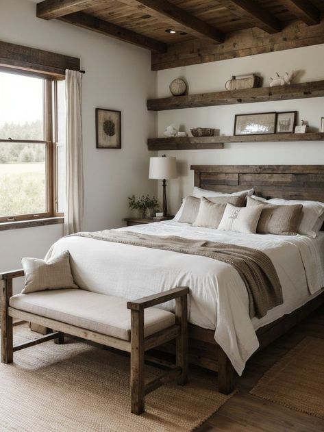 Escape the City: Rustic Country Bedroom Decorating Ideas Channel a modern farmhouse aesthetic by combining rustic elements with sleek furniture, clean lines, and minimalist decor. #RusticIdeas #RusticDesign Rustic Country Bedrooms, Rustic Farmhouse Bedroom, Timeless Bedroom, Country Style Bedroom, Cabin Bedroom, Farmhouse Aesthetic, Casa Country, Sleek Furniture, Minimalist Bedroom Design