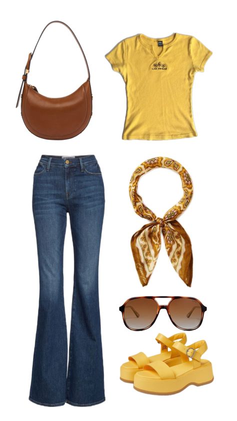 Retro 70s inspired outfit collage featuring a yellow t-shirt, high-waisted jeans 70s Aesthetic Womens Fashion, 70s Inspired Accessories, Cute Groovy Outfits, 70s Outfits For School, 70s California Fashion, Casual 70s Outfits Summer, 60a Fashion, 70 80 Fashion Outfit, Diy 60s Outfit