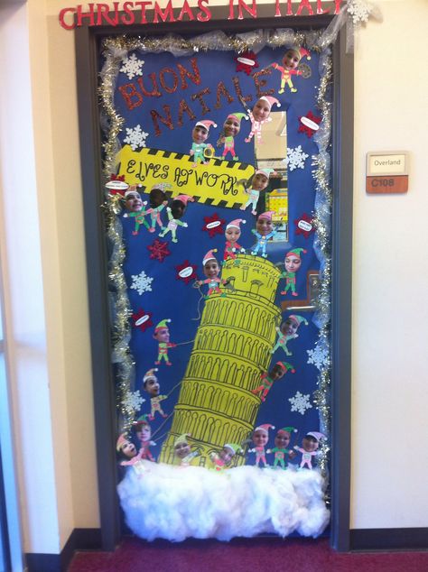 My classroom door 2013-Christmas Around the World-Italy! Italy Door Decorating Classroom, Italy Classroom Decoration, Christmas Around The World Door Decor, School Hallway Decorations, Christmas In Italy, Christmas Door Decorating Contest, Christmas Door Decoration, Christmas Classroom Door, Door Decorating Contest