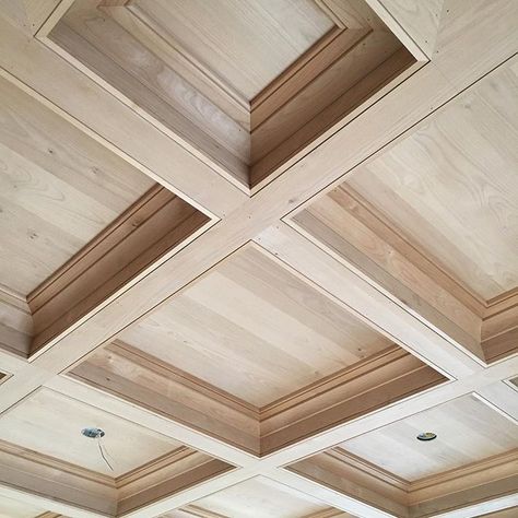 Coffered Dining Room Ceiling, Transitional Coffered Ceiling, White Oak Coffered Ceiling, Wood Coffered Ceiling Ideas, Stained Coffered Ceiling, Coffered Ceiling Office, Great Room Ceiling Ideas, Office Ceiling Ideas, Wood Ceiling Detail