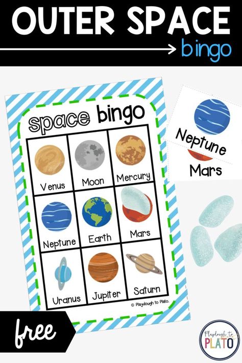 Kids love learning about space – planets, moons, rockets – you name it. This print-and-play kids’ bingo game helps little astronauts memorize the names and characteristics of the eight planets in our solar system, plus our favorite satellite in the sky: the moon! #bingo #sciencegames #outerspace Space Bingo Free Printable, Space Bingo, Space Games For Kids, Math Stem Activities, Planets Activities, Teacher Giveaway, Eight Planets, Space Activities For Kids, Space Preschool