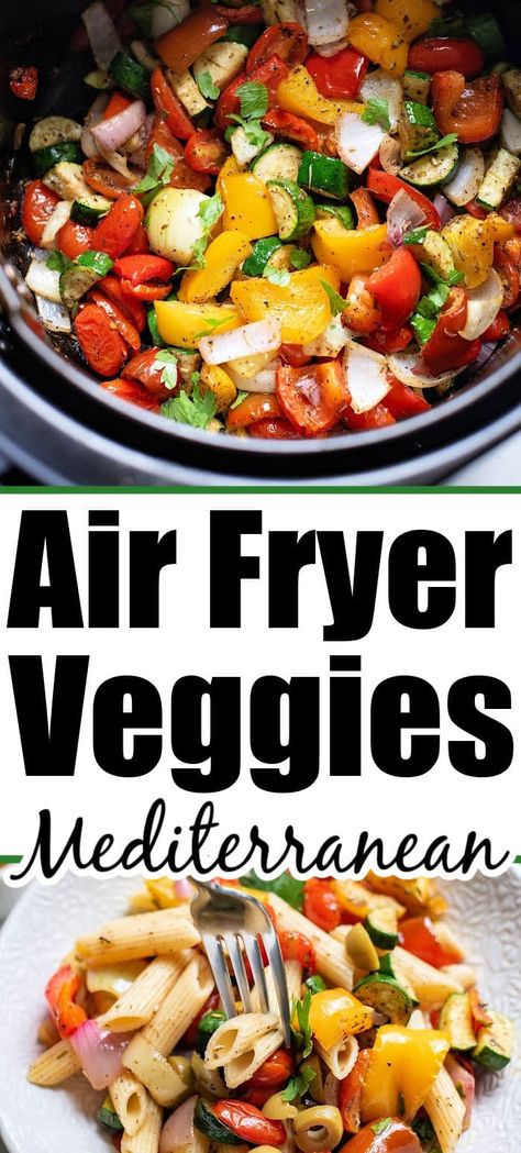 Mediterranean roast vegetables in air fryer with a flare are here! A healthy side dish or vegetarian one pot meal with crispy veggies. Air Fryer Mediterranean Vegetables, Meals With Vegetables Healthy, Roasted Vegetables Air Fryer Recipes, Air Fry Mediterranean Diet, Airfryer Mediterranean Recipes, Air Fryer Recipes Easy Dinner Vegetarian, Mediterranean Diet Recipes Air Fryer, Thanksgiving Air Fryer Recipes, Instant Pot Mediterranean Recipes