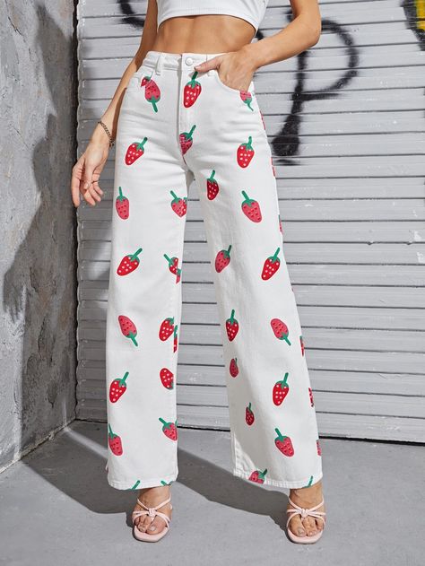 Strawberry Outfit, Print Jeans, Cute Pants, Strawberry Print, Jeans Diy, Printed Trousers, Printed Jeans, Cute Jeans, Pants Pattern