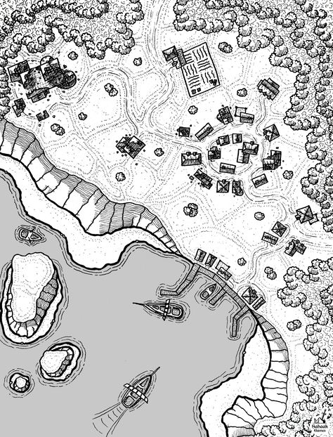 This is a hand drawn map I made using ink pen. It's a small village located in the mist coast, a region from my actual campaign. Village Drawing, Village Map, Fantasy Village, Map Layout, Abandoned Village, Map Projects, Rpg Ideas, Hand Drawn Map, Drawn Map