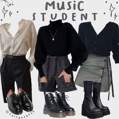 credit: @fairyoutfts on ig | music student college outfit inspo university fashion classes college class outfits Music Class Outfit, Music Outfit Aesthetic, Fashion Student Outfit Aesthetic, Outfit To Class College, Clothes For Class College, Musical Academia Outfit, Outfit Ideas College University, Clothes For University Outfits, Music Major Outfits