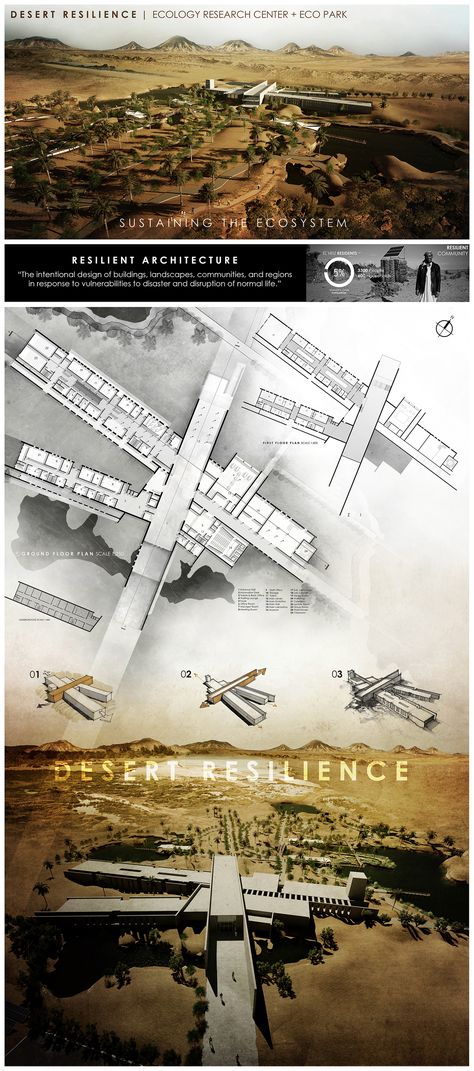 Desert Resilience | Ecology Research Center + Eco Park - Graduation Project 207 Architecture Senior Project, Plant Research Center Architecture, Graduation Project Architecture Poster, Industrial Factory Architecture, Architecture Graduation Project, Birds Architecture, Architectural Boards, Graduation Project Architecture, Process Portfolio