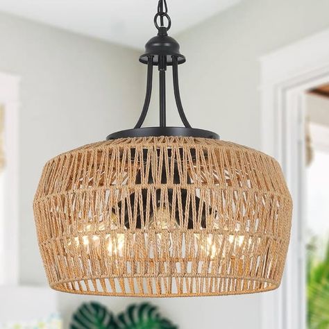 18 in. Black Boho 5-Light Pendant Lights with Rattan Shade and E26 Light Base - Bed Bath & Beyond - 41276298 Chandeliers For Dining Room, Rattan Light Fixture, Boho Chandelier, Rattan Chandelier, Large Farmhouse, Farmhouse Chandeliers, Natural Bohemian, Dining Room Ceiling, Rattan Shades