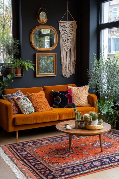 15 Dark Boho Living Room Decor Ideas to Transform Your Space – Everyday Inspo Mcm Retro Living Room, Artsy Boho Living Room, Dark Moody Boho Living Room, Black And Brown Boho Living Room, Cozy Whimsical Living Room, Orange Velvet Couch Living Room Ideas, 70s Witchy Aesthetic, Moody Boho Home Decor, Afroboho Living Room