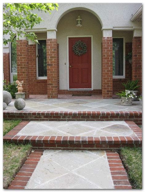 02_featureofmonth_blog Brick Concrete Walkway, Brick And Cement Walkway, Slate And Brick Walkway, Front Porch Ideas Red Brick House, Brick And Cement Patio, Cement And Brick Patio Ideas, Concrete Driveway With Brick Border, Red Brick Walkway, Brick House Walkway