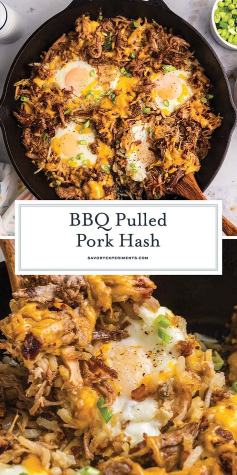 BBQ Pulled Pork Hash is my hands down, favorite Sunday brunch recipe. Ready in only 15 minutes and easily modified, it is simple and tasty. Bbq Brunch Ideas, Pork Hash Recipe, Pork Breakfast, Breakfast Hash Recipes, Comforting Food, Pulled Pork Leftovers, Hash Recipe, Break Fast, Breakfast Hash