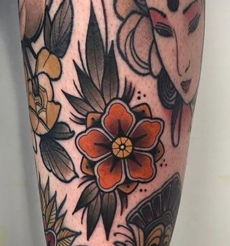 American Classic Flower Tattoo, Traditional Ribbon Tattoo, Pretty American Traditional Tattoo, Old School Floral Tattoo, Traditional Lotus Flower Tattoo, Small Traditional Flower Tattoo, Classic Flower Tattoo, Traditional Lily Tattoo, Traditional Tattoo Leaves