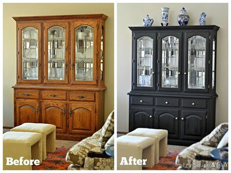 Did you know you can achieve a non chippy look with milk paint? I painted my 80's oak china cabinet and turned it into one of my most favorite pieces of furniture in our home. I love a good ole diy! Here's the before and after. Here's the before and after pictures. I used Miss Mustard Seed's Milk Paint in Typewriter for the exterior and Trophy for the interior. The first coat of paint, I mix in the bonding agent so it would stick to the wood. The great thing about milk paint is t… China Cabinet Makeovers, Painted China Hutch, China Hutch Makeover, China Cabinet Redo, Miss Mustard Seed Milk Paint, Oak China Cabinet, China Cabinet Makeover, Painted China Cabinets, Trash To Couture