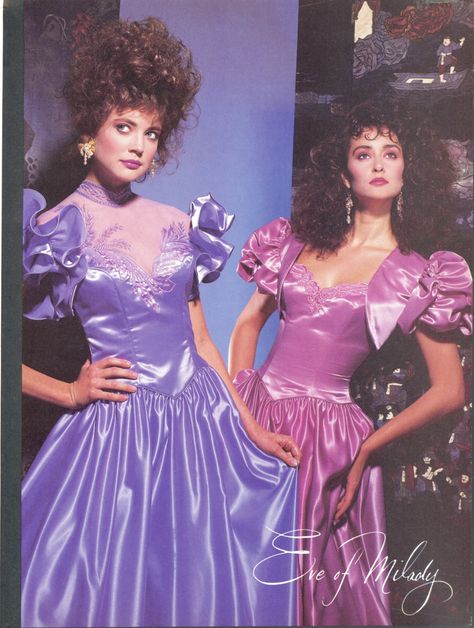 1986 hair!  Love the color of the dresses.  Feb/Mar 1986 Brides Magazine 1980 Dresses Prom, Dresses In The 80s, 80 Prom Dress, 80s Evening Gown, 80s Dresses Prom, 80's Prom Dresses, 80s Prom Dress Aesthetic, 80s Prom Costume, 80s Prom Dress Vintage