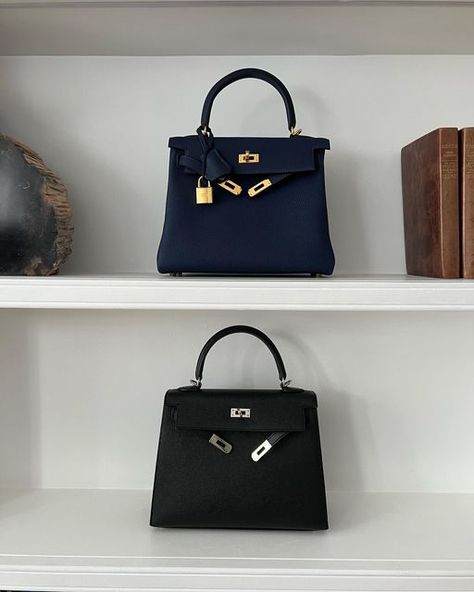 Ingrid Wilkinson on Instagram: "Sitting pretty - Kelly 25 Retourne in togo leather colour blue Saphir and Kelly 25 Sellier in Epsom leather colour black 💙🖤" Kelly 25 Sellier, Kelly Retourne, Kelly 25, Hermes Kelly Bag, Ideal Wardrobe, Handbag Essentials, Kelly Bag, Togo Leather, Sitting Pretty