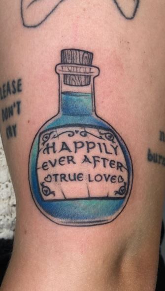 Mini Potion Bottle Tattoo, Potion Bottle Tattoo Ideas, Potion Bottle Tattoo Design, Love Potion Tattoo Bottle, Simple Potion Bottle Tattoo Design, Tattooing Machines, Tattoo Cream, Couples Tattoo Designs, Bottle Tattoo