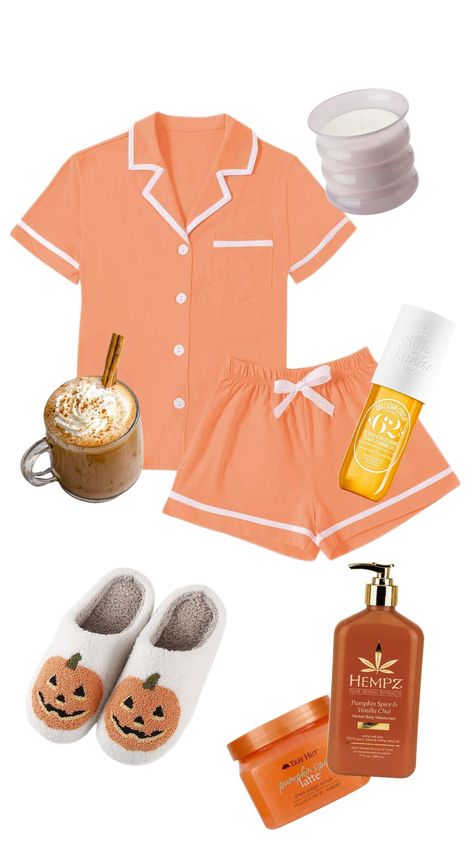 Halloween Pjs Aesthetic, Prepy Hallowen, Preppy Fall Pajamas, Aesthetic Halloween Pajamas, Halloween Preppy, Preppy Halloween, Orange Sleepwear For Halloween, Casual Halloween Outfits, Vanilla Chai