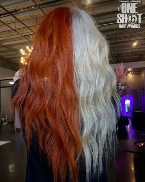 One of my allllll time favorites 🤍🧡 Halloween Split Dye, Strawberry Blonde Split Dye, Fall Split Dye Hair, Copper Blonde Split Dye, Half Orange Half Blonde Hair, Half Copper Half Blonde Hair, Half Blonde Half Red Hair, Copper Split Dye, Red And Blonde Split Dye