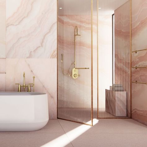 Kohler, Ceric freestanding bathtub
Waterworks, Henry bathtub filler
Waterworks, Henry shower system Pink Onyx Bathroom, Onyx Bathroom, Onyx Marble, Pink Bathroom, Onyx, Marble, Pink