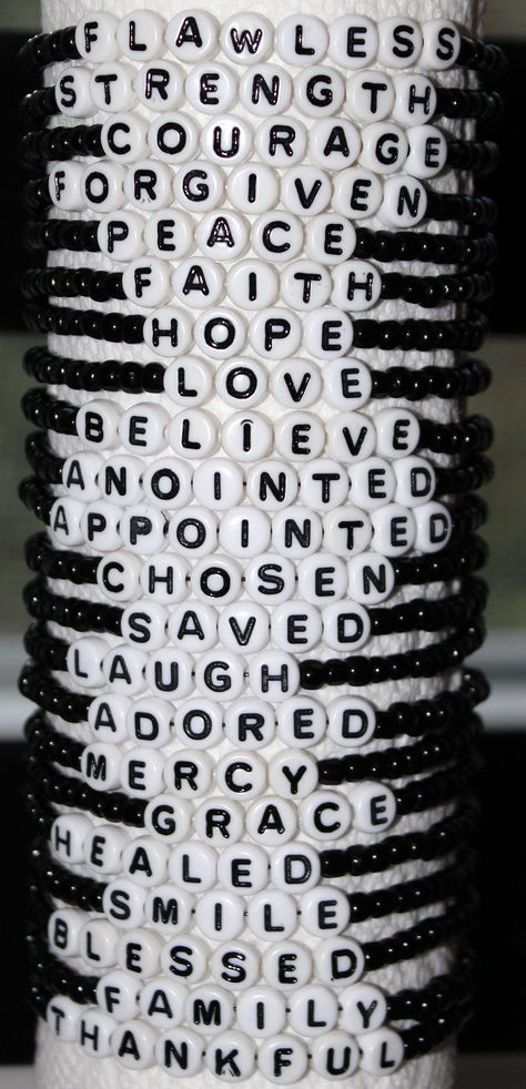 *NOTICE: I have had to do a slight increase in prices. I appreciate all my return customers. I hope to continue to give you the same great service. God Bless. This is for an inspiring words bracelet made with black seed beads(6/0) strung on strong jewelry stretch cord.  CHOOSE YOUR WORD: ANY WORD or NAME is available(except filth or vulgar) Just leave the name(s)/word(s) you would like in the personalization box area when ordering SIZING: ANY SIZE is available on this type bracelet This is where Phrases To Put On Bracelets, Words To Write On Bracelets, Beaded Bracelets With Names, Bracelet Ideas Beaded Inspiration, Bead Word Bracelet Ideas, Bracelet Quotes Words, Beaded Word Bracelet, Letter Beads Bracelet, Name Bracelet Beads