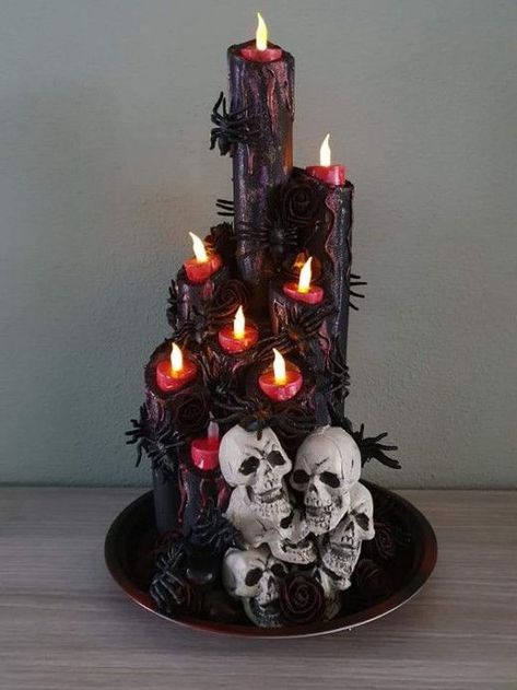 Halloween Candleabra, Halloween Centerpiece Ideas, Pool Noodle Candles, Spooky Halloween Candles, Halloween Centerpieces, Wiccan Wedding, Fun Diy Halloween Decorations, Easy Diy Halloween Decorations, Halloween Props Diy