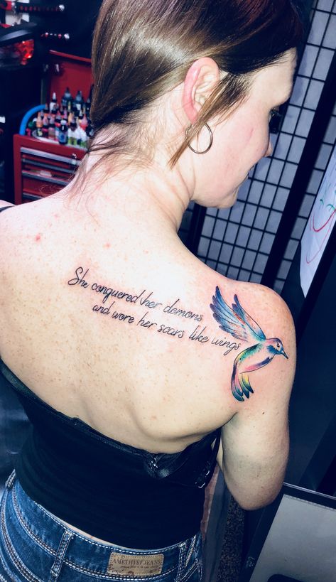 Hummingbird Tattoo With Quote, She Conquered Her Demons Tattoo, Humming Bird Memorial Tattoos, Memorial Tattoos Mom Hummingbirds, I Gave Her Wings She Taught Me To Fly Tattoo, Humming Bird Tattoo Watercolor, Red Rose Tattoo, Demon Tattoo, Red Tattoos