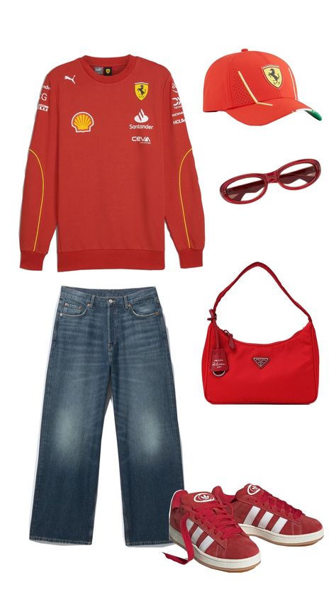 race day outfit ideas #outfitinspo #f1 #ferrari #charlesleclerc #carlossainz #ferrarigirl Formula 1 Outfit Women Ferrari, Daytona 500 Outfit, Nascar Outfit, Race Outfit, Race Day Outfits, F1 Ferrari, Day Outfit Ideas, Daytona 500, Outfit For Women