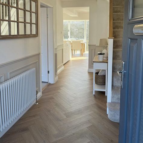 Sahara Oak 5mm Herringbone Waterproof Click Vinyl Show Home Interiors Uk, Heron Bone Flooring, Herringbone Hallway Floor, Long Living Room Inspiration, Herringbone Carpet Living Room, Newbuild House Interiors, Oak And White Staircase, Hall Flooring Ideas, Floorboards Living Room