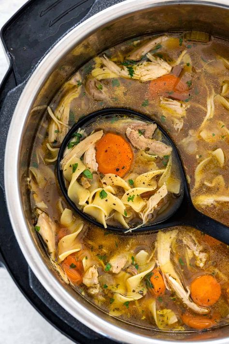 Instant Pot chicken noodle soup recipe made with tender meat, vegetables, and pasta in a pressure cooker. Using bone-in chicken thighs enhances the taste. #instantpot #pressurecooker #chickennoodlesoup Cook Chicken In Instant Pot, Chicken And Noodles Instant Pot, Rotisserie Chicken And Noodles, Noodles Instant Pot, Chicken In Instant Pot, Instant Pot Chicken Noodle Soup, Instant Pot Chicken Noodle, Chicken And Noodles, Instant Pot Soup Recipes