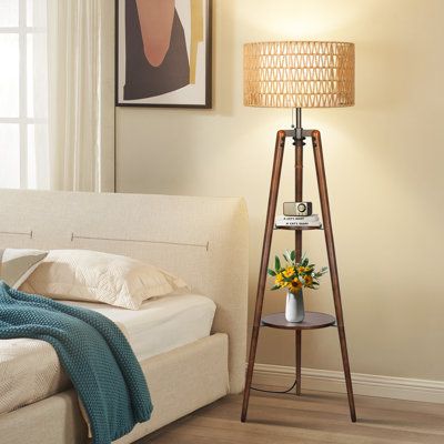 Transform your living space with our charming farmhouse style Tripod Floor Lamp. Featuring a rattan and linen double shade and a solid wood tripod, this lamp blends rustic charm with modern functionality. The included remote control bulb offers stepless dimming and colour temperature adjustment, ensuring the perfect lighting for any occasion. With a convenient zipper switch, remote control, memory function, and a 1-hour timer, this lamp is designed to meet all your lighting needs effortlessly. | Blue Coral Living Room, Living Room Lamps Floor, Modern Floor Lamps Living Room, Floor Lamp Rattan, Bookshelf Lamp, Navy And White Living Room, Coral Living Rooms, Floor Lamps Living Room Modern, Dc Apartment