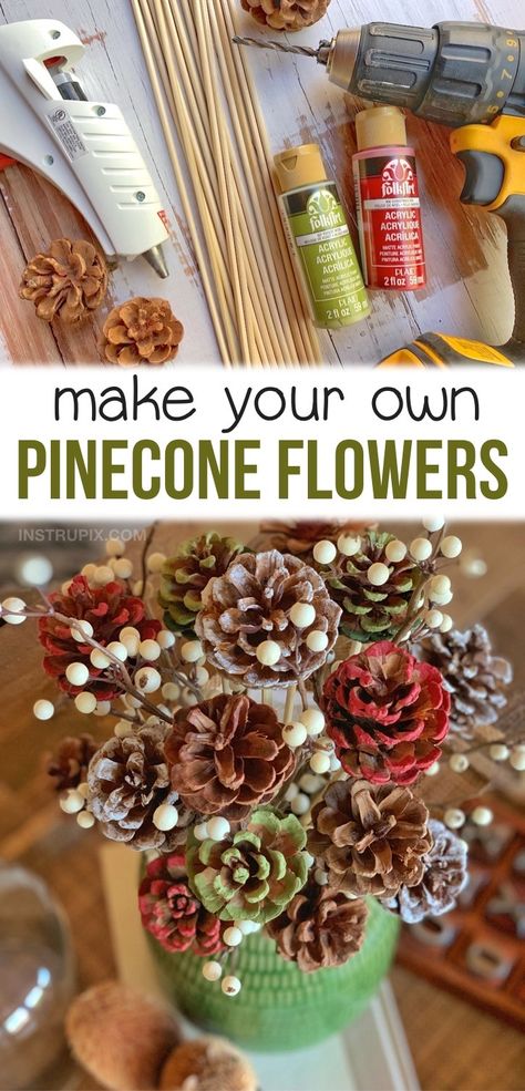 Craft Idea For Adults: Easy DIY Pinecone Flowers With Stems Christmas Balls Diy, Pinecone Flowers, Flowers With Stems, Simple Holiday Decor, Painted Pinecones, Pine Cone Art, Diy Pinecone, Christmas Crafts For Adults, Diy Crafts For Adults