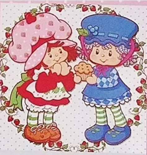 Strawberry Shortcake and Blueberry Muffin in greeting card design from the calendar Matching Strawberry Shortcake Icons, Strawberry Shortcake Pfp Matching, Strawberry Shortcake Matching Pfp For 2, Fruit Widgets, Strawberry Shortcake Matching Pfp, Strawberry Shortcake And Blueberry, Blueberry Muffin Strawberry Shortcake Aesthetic, Strawberry Shortcake And Blueberry Muffin, Blueberry Muffin Strawberry Shortcake 2003