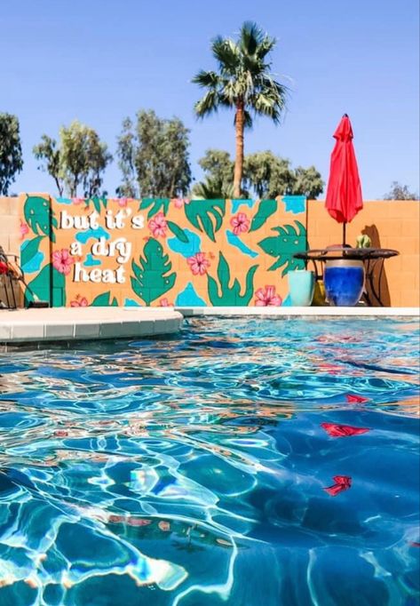 Pool Murals Painted Walls, Poolside Mural, Tiki Backyard, Pool Mural, Backyard Wall, Outdoor Murals, Exterior Murals, Outdoor Setting, Dream Backyard