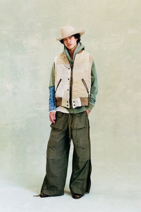 Spring 2023 Lookbook, Cub Scout Shirt, White Tie Dress, 2023 Menswear Fashion Show, 2023 Lookbook, Modern Cowboy, Greg Lauren, 일본 패션, Baggy Cargo Pants