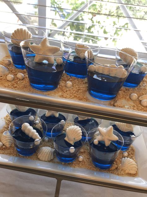 Ocean Themed Dessert Table, Ocean Theme Candy Table, Ocean Jello Cups, Ocean Pudding Cups, Ocean Jello, Ocean Theme Candy Bar, Ocean Themed Food, Beach Baby Shower Theme, Aquamarine Movie