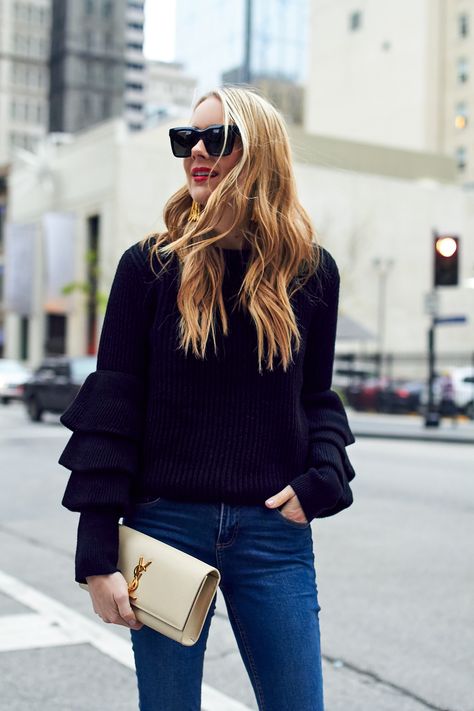 Fall Outfit, Winter Outfit, Ruffle Sleeve Sweater, Saint Laurent Clutch, Red Lipstick Tassel Earrings Outfit, Stylish Workwear, Outfit Images, Chic Jean Outfits, Saint Laurent Clutch, Boho Winter Outfits, Trending Earrings, Earrings Outfit, Ruffle Sleeve Sweater