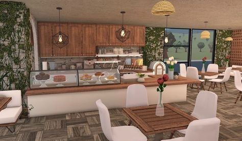 Bloxburg Cafe Table Ideas, Bloxburg Buffet Ideas, Boo Burg Cafe Ideas, Bloxburg Cafe Seating Ideas, Bloxburg Small Restaurant Layout, Bloxburg Restaurant Layout 2 Story, Blocksburg Restaurant Ideas, Bloxburg Coffee Shop Ideas Interior, Bloxburg Cafe Kitchen Ideas