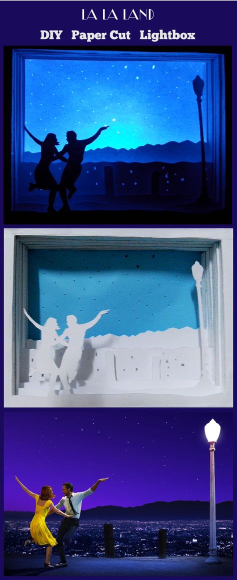 La La Land Gift Ideas, La La Land Crafts, La La Land Art, Burrito Filling, Land Movie, Lightbox Art, Light Box Diy, Famous Movie Scenes, Silhouette Paper