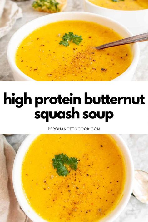 Easy and Healthy High Protein Butternut Squash Soup. Butternut Squash Soup High Protein, Protein Butternut Squash Soup, High Protein Butternut Squash Soup, Protein Packed Soup, High Protein Soups, High Protein Soup Recipes, Healthy Starter, High Protein Soup, Bone Broth Soup Recipes