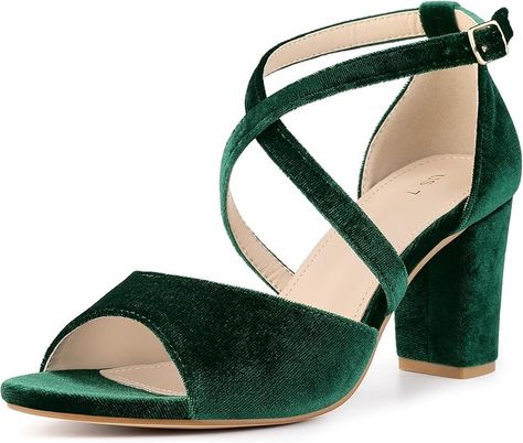 Perphy Crisscross Strap Faux Velvet Open Toe Block Heel Sandals for Women: Amazon.co.uk: Fashion Dark Green Light Pink, Shoes For Party, Velvet Block Heels, Velvet Sandals, Green Themed Wedding, Elegant Sandals, Wedding 2024, Heel Design, Block Heel Sandals