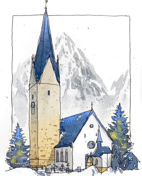 Loose Watercolor Paintings, Farm Paintings, Watercolor Architecture, Pen Art Drawings, Architecture Design Drawing, Winter Watercolor, Diy Watercolor Painting, Architecture Drawing Art, Watercolor Paintings Easy