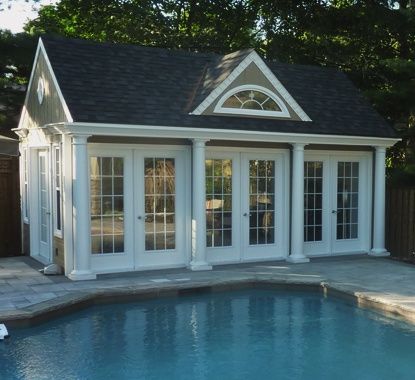 Windsor: High-End Style Pool House | Summerwood Products Mansion Pool, Pool Sheds, Pool And Pool House Ideas, Small Pool Houses, Pool House Cabana, Cabana Design, Prefab Pool House, Mini Mansion, Pool House Design