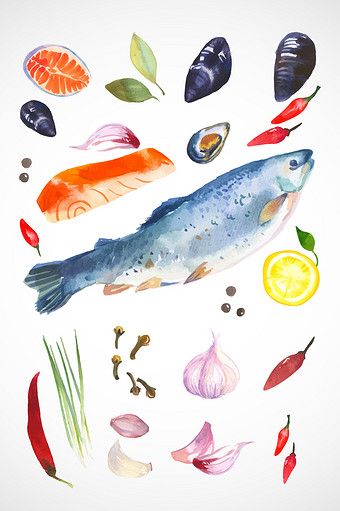 Watercolour Food Art, Fish Food Illustration, Salmon Sketch, Salmon Illustration, Watercolour Food, Watercolor Stationary, Wedding Stationary Design, Watercolor Food Illustration, Food Watercolor