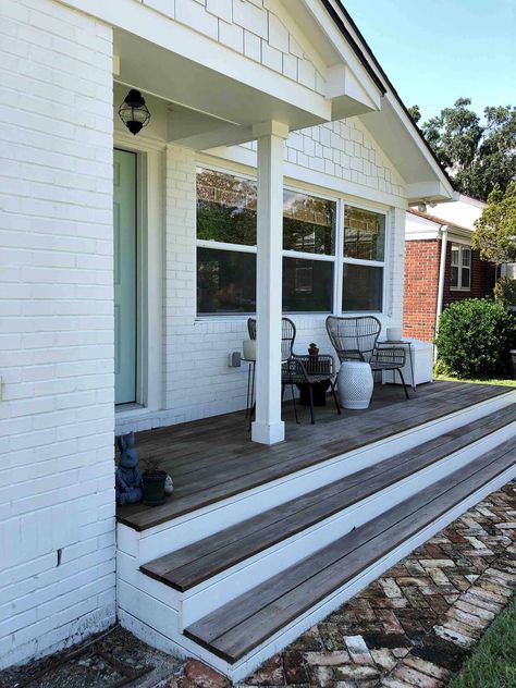 Front Porch Ideas For Cape Cod Homes, Half Covered Front Porch, Extend Front Porch Entrance, Front Porch Driveway Ideas, Roofless Front Porch, Half Front Porch, Large Concrete Front Porch, Front Porch Not Covered, Expand Front Porch