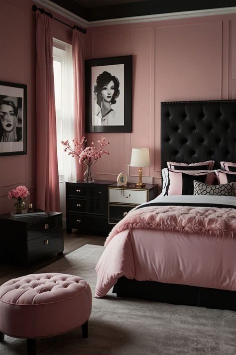 Pink And Black Bedroom Ideas, Grey And Pink Bedroom, Pink And Black Bedroom, Dusky Pink Bedroom, Pink Room Design, Hot Pink Bedrooms, Dusty Pink Bedroom, Blue And Pink Bedroom, Black Bedroom Ideas