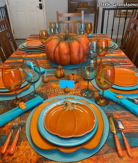 Blue And Orange Fall Decor, Table Setting Thanksgiving, Pumpkin Tablescape, Whispers Of The Heart, Autumn Pumpkins, Autumn October, Harvest Thanksgiving, Fall Table Settings, Thanksgiving Table Settings